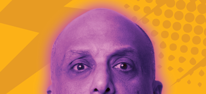 Akmals purple face peers at the audience
